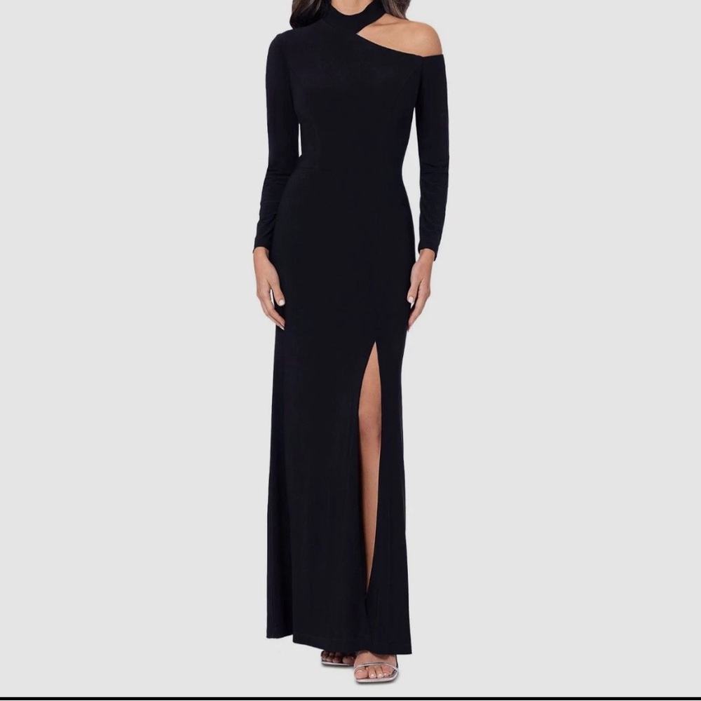 NWT XSCAPE size 10p 10 petite Black Collared Cold-Shoulder Dress maxi gown‎